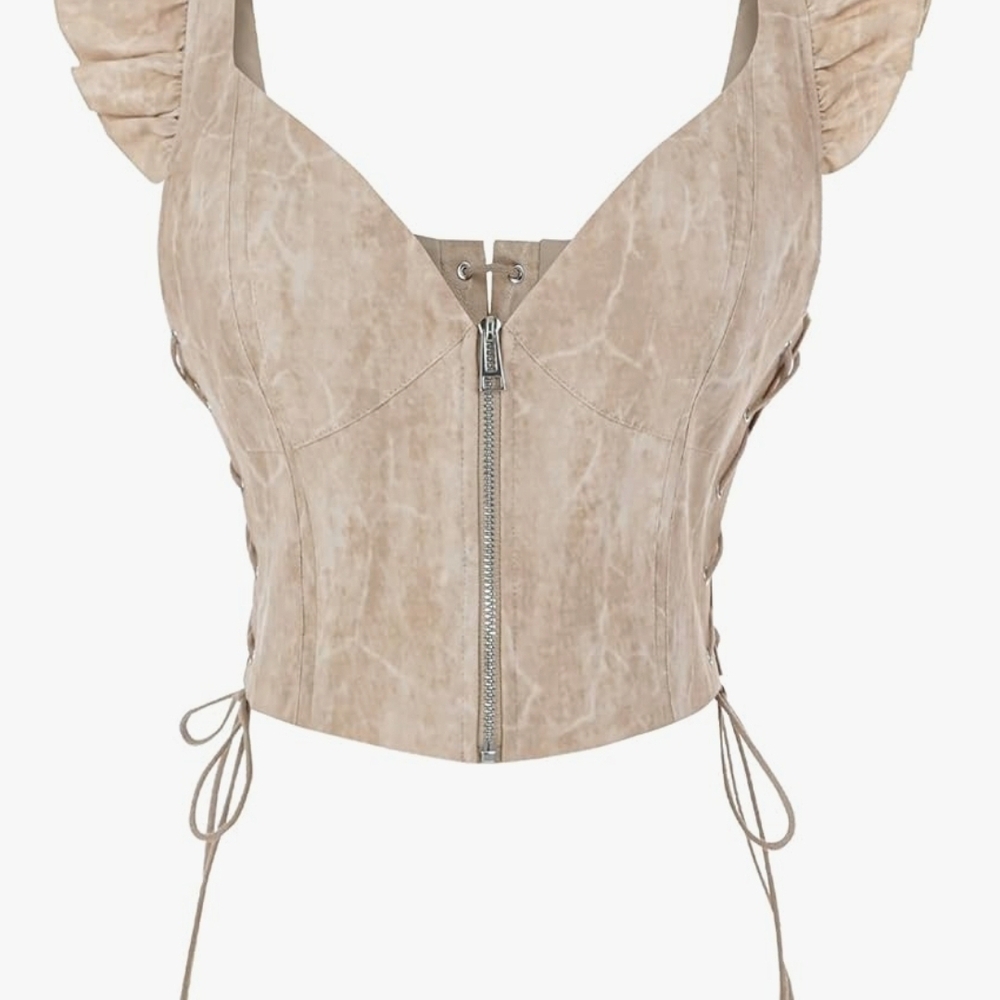 Women Renaissance Corset Top Beige Lace Up Bustier Ruffle Sleeve Festival M